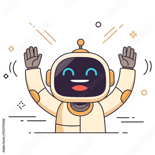 Cheerful cartoon robot with raised hands and smiling face on white background