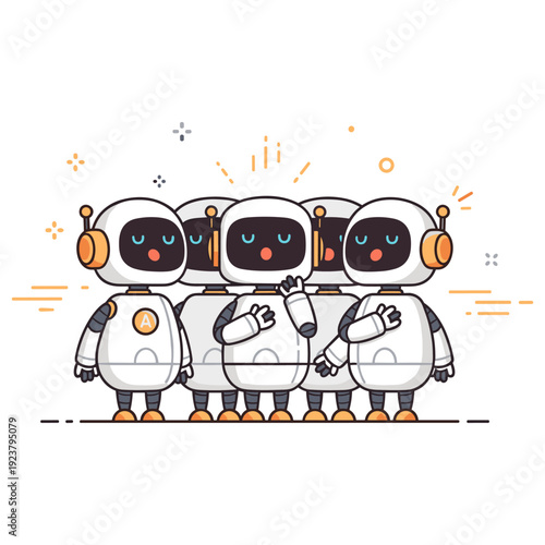 Group of five cute cartoon robots standing together with smiling faces