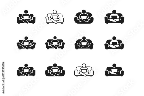 People working on laptops in office or home settings. Icon set. Set Logo of People working on laptops in office or home settings: remote worker on couch with