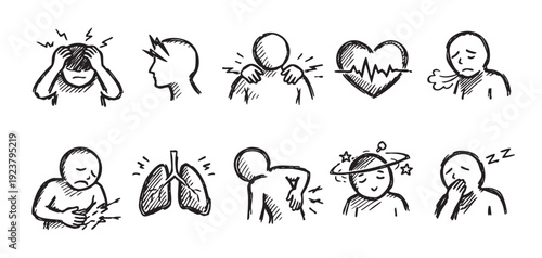 Hand-drawn vector illustration showing different body pain symptoms such as headache, heart issues, back pain, lung problems, and sleepiness. Ideal for healthcare and wellness content.