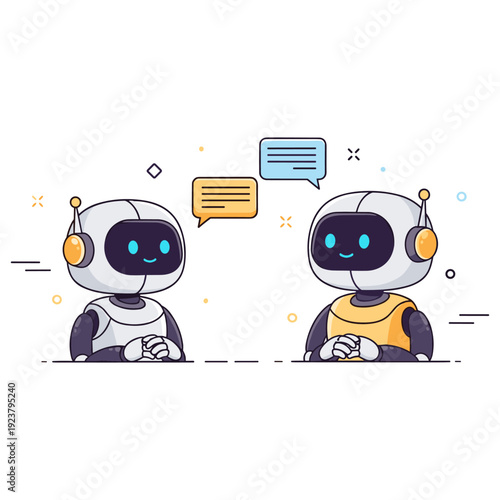 Two cute robots chatting with speech bubbles in a minimalistic cartoon style