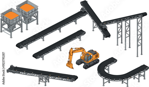 Industrial conveyor belt system illustration with mining equipment, material handling machinery set, excavator and processing plant components, isometric vector design isolated on white background