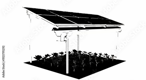 Solar panels provide shade and energy for a vibrant plant garden below.