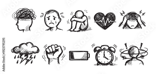 A collection of hand-drawn icons depicting mental health issues like anxiety, depression, stress, and low energy. Useful for infographics, websites, and presentations on wellness.