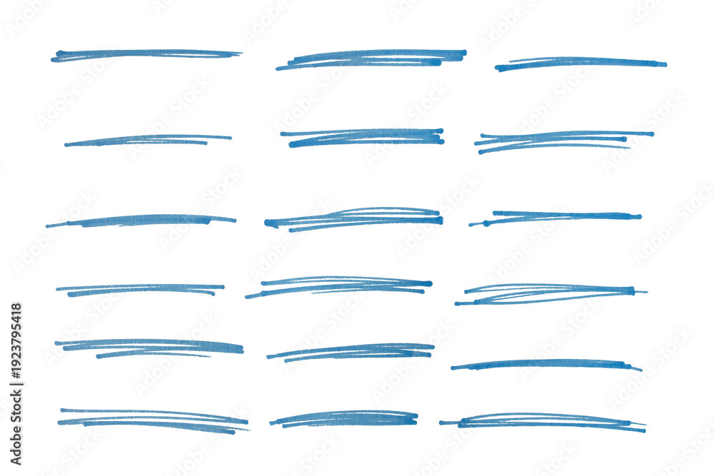 Fototapeta premium Set of blue hand drawn marker pen stroke line transparent background design element doodle scribble underline