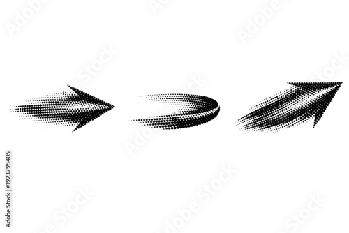Directional halftone motion overlay illustrated as one flow-oriented overlay object shown in three views: front view, side view, and three-quarter view