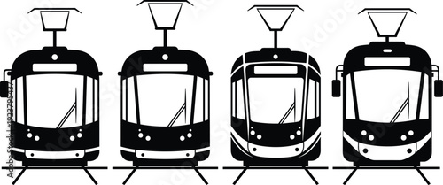 Modern tram front view silhouettes set isolated on white background urban public transport light rail vector illustration design collection icons
