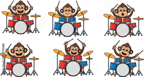 monkey, cartoon, drums, music, animal, fun, kids, illustration, character, band, rhythm, playful, cute, performance, entertainment,