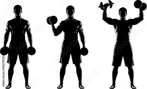 Muscular man lifting dumbbells in black silhouette, strength training workout poses illustration showing bodybuilding, fitness exercise, gym routine, power and athletic performance