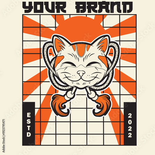 Cartoon maneki neko cat. Vector illustration	
