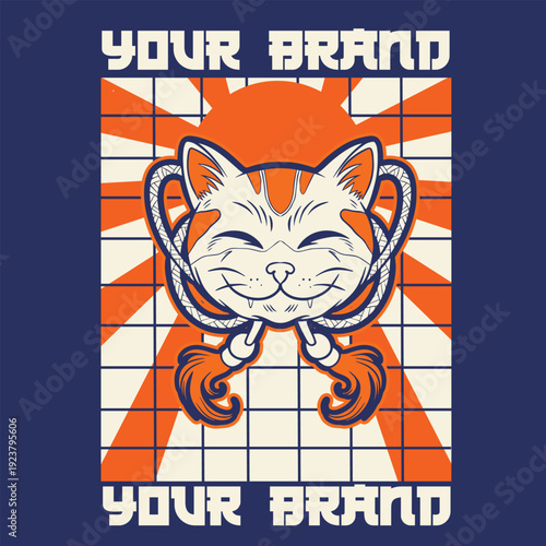 Cartoon maneki neko cat. Vector illustration	
