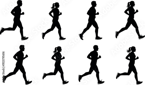 Running people silhouette collection featuring male and female joggers, fitness and endurance training illustration set, active lifestyle sport concept, black vector figures isolated on white 