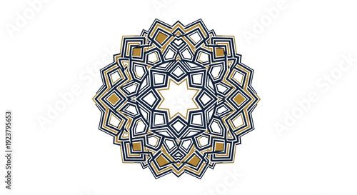 Intricate geometric mandala pattern with metallic gold and deep blue accents on white background, representing cultural artistry and modern design