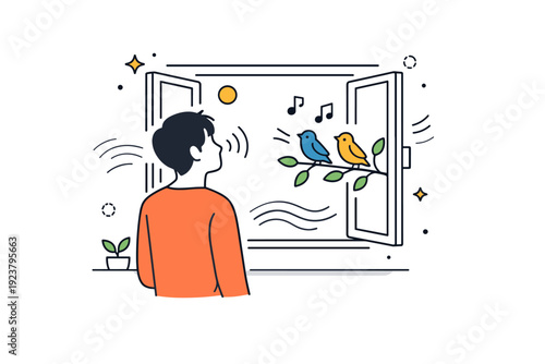 Bird sounds noticeable again. A person standing near an open window, head slightly tilted as birds sing outside. Gentle return of nature,