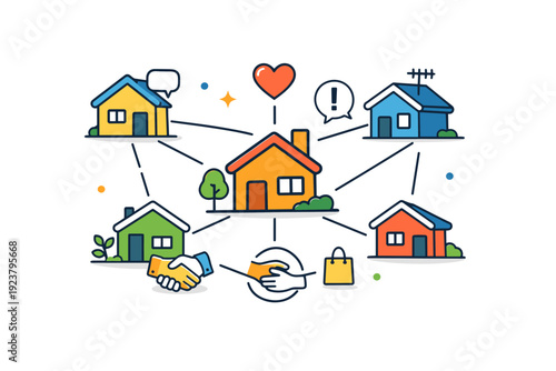 Neighborhood support network friendly houses linked by lines and small icons, representing mutual help, communication and everyday solidarity