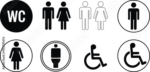 Black and white icons of different toilet signs for men women and disabled people