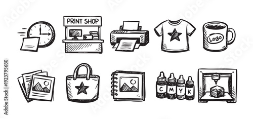 Hand-drawn style icons depicting print shop services: printing, shirts, mugs, bags, notebooks, ink, and 3D printing. Suitable for web design, infographics, or marketing materials.