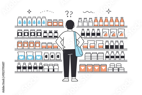 Overloaded supermarkets aesthetics. Person staring at an endless wall of similar products, frozen between options. Visual excess balanced by