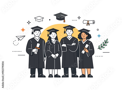 Diverse group of graduates in caps and gowns celebrating academic achievement with diplomas