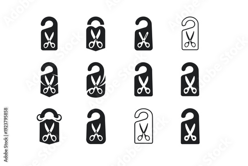 Hair salon door open. Icon set. Set Logo of Hair salon door open: door hanger with scissors. harmonious logo variations of the same