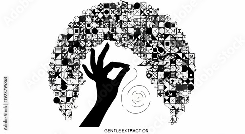 Abstract representation of a hand gently removing a thread from a patterned afro hairstyle.