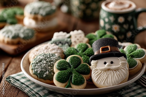 St Patrick Day Sugar Cookies with Shamrock and Leprechaun Face on Rustic Wooden Table Generative AI