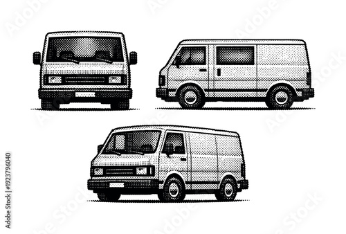 Vintage van illustration from multiple angles, front, side, and perspective views