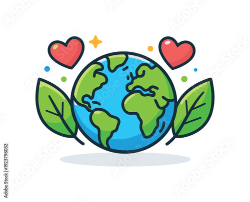 Cute cartoon planet Earth with leaves and hearts, symbolizing environmental love and care