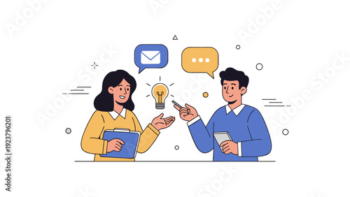 Young caucasian female and male discuss ideas with speech bubbles and light bulb