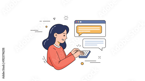 Asian female typing on tablet with message bubbles in minimalist illustration