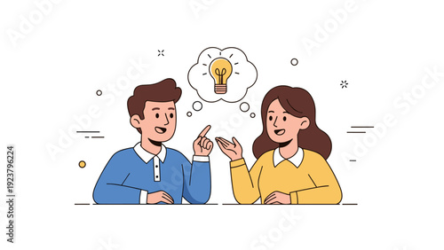 Young caucasian male and female discuss creative ideas with lightbulb symbol