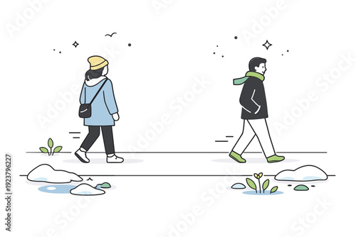 Early spring city walks. Two people walk apart on a wide sidewalk, patches of melting snow and small plants nearby. Fresh air and quiet transition between