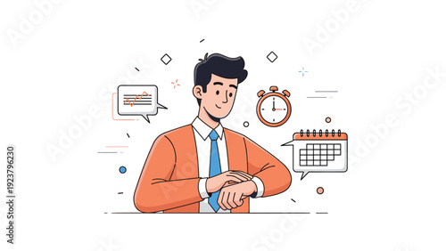 Young caucasian male checking watch in office with clock and calendar icons