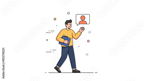 Young caucasian male character walking and talking illustration