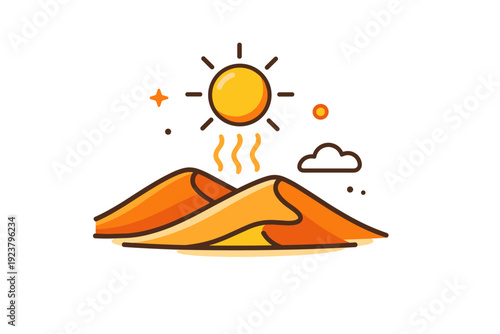 Desert dunes heat and climate concept illustrating dryness and intense sunlight in a friendly visual style. A bold but minimal scene with dunes, a bright sun,