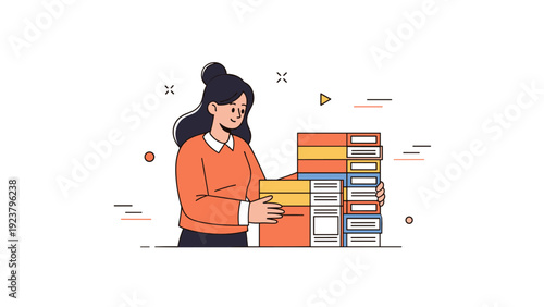 Young asian female arranging colorful boxes in illustration style