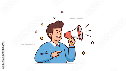 Illustration of young caucasian male announcing with megaphone