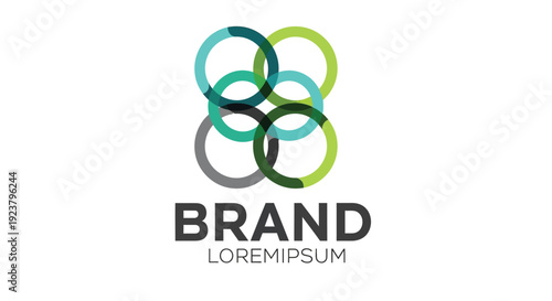 Abstract logo design featuring five overlapping translucent circles in varying shades of blue green and grey representing connection and modern corporate identity