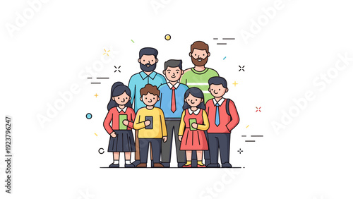 Happy family portrait with diverse cartoon characters: smiling adults and children together