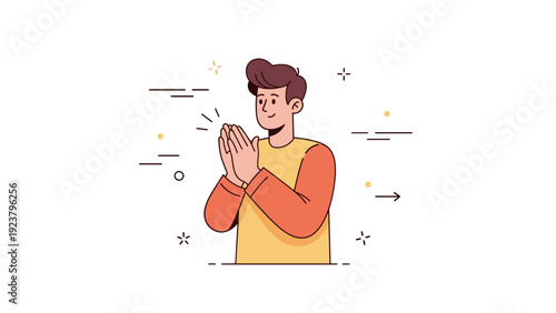 Smiling cartoon character clapping hands in cheerful celebration