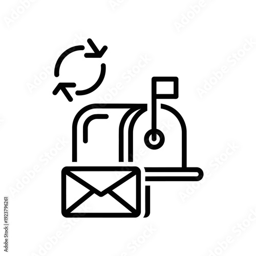 A minimalist line art icon depicting email recycling on a clean white background, symbolizing digital communication and sustainability.