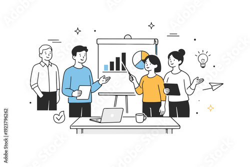 Leadership without spotlight. A leader stays in the background as the team presents results at the center. The mood conveys humility, trust,