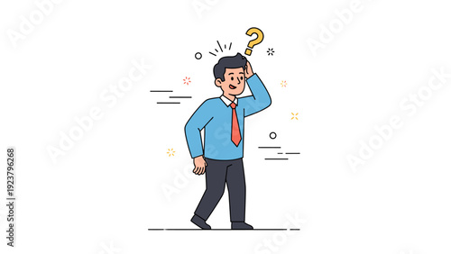 Young caucasian male thinking with question mark above head in cartoon style