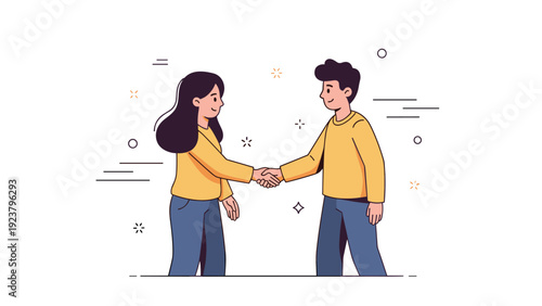Young caucasian female and male shaking hands in friendly cartoon style illustration