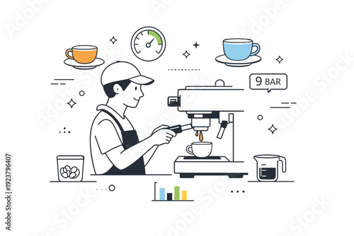 Espresso extraction. A barista operating an espresso machine, subtle floating coffee cups and pressure gauge icons, precise and scientific