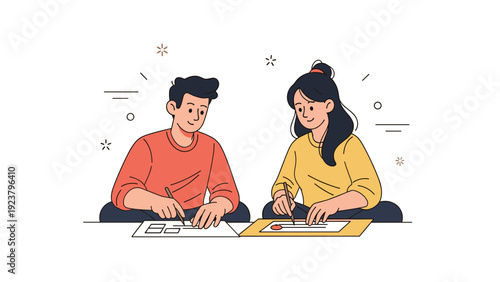 Young asian male and female teens drawing together in a playful art activity