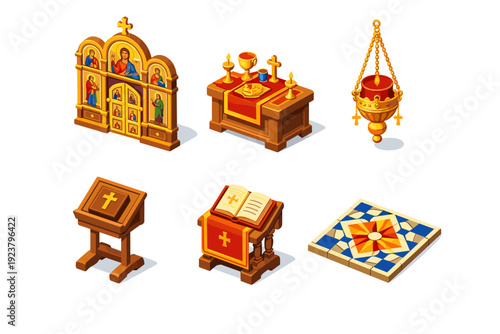 Easter church interior. Isometric flat vector icons set of easter church interior: iconostasis wall, altar table, hanging oil lamp, prayer