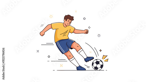 Young caucasian male kicking soccer ball, action-packed sport illustration