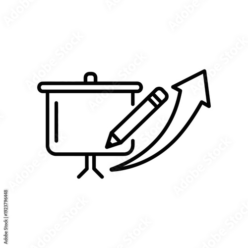 Minimalist black and white illustration of a hand drawing an upward growth arrow from a clipboard chart, symbolizing business success and strategic planning.