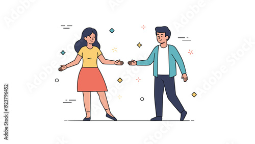 Cartoon young caucasian characters interacting in casual outfits